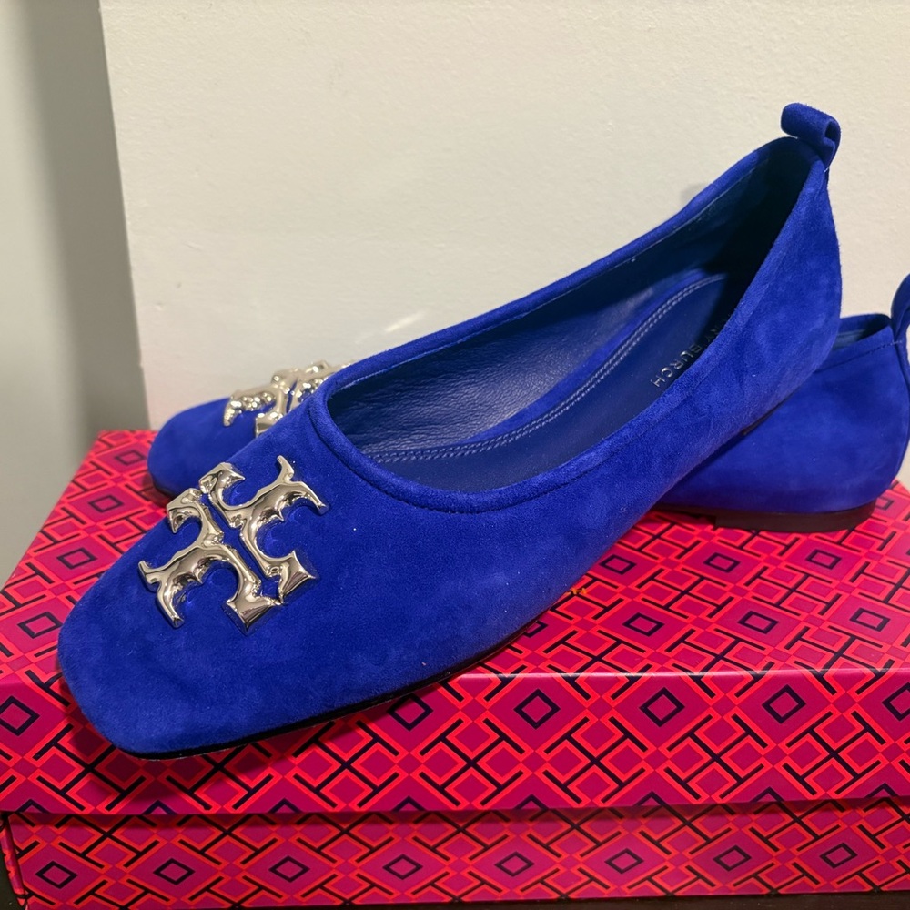 Tory Burch Royal Blue Suede Flats with Silver Logo